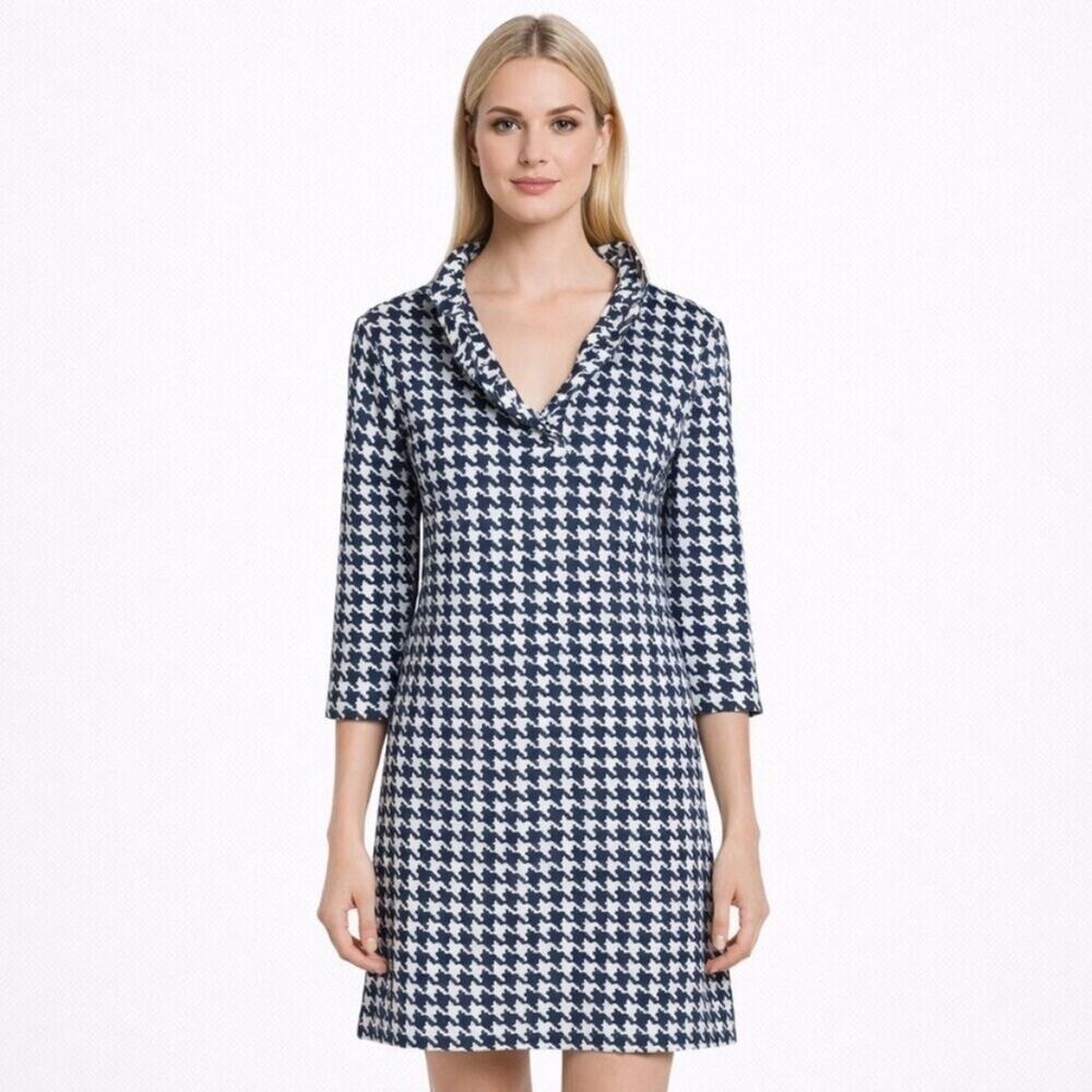 J Mclaughlin Catalina  Ruffle Sheath 💙 Classic Navy & White Houndstooth Dress M